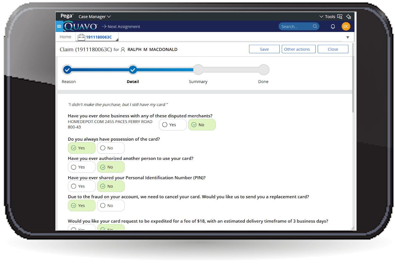 Automated dispute management software QFD intake questions shown on a tablet.